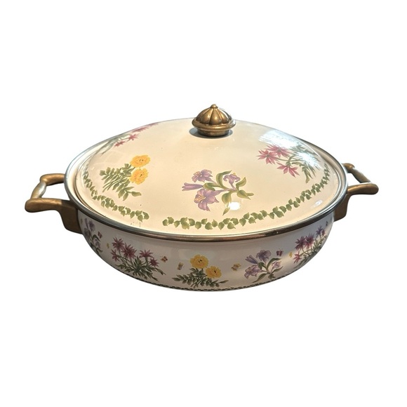 Vintage Lincoware Floral Enameled Pot Casserole Server Dutch Oven Brass Handles - Picture 1 of 8